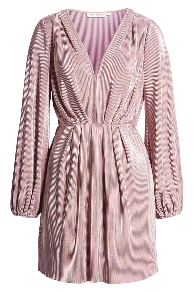 Long Sleeve Shiny Plissé Minidress, Alternate, color, PINK