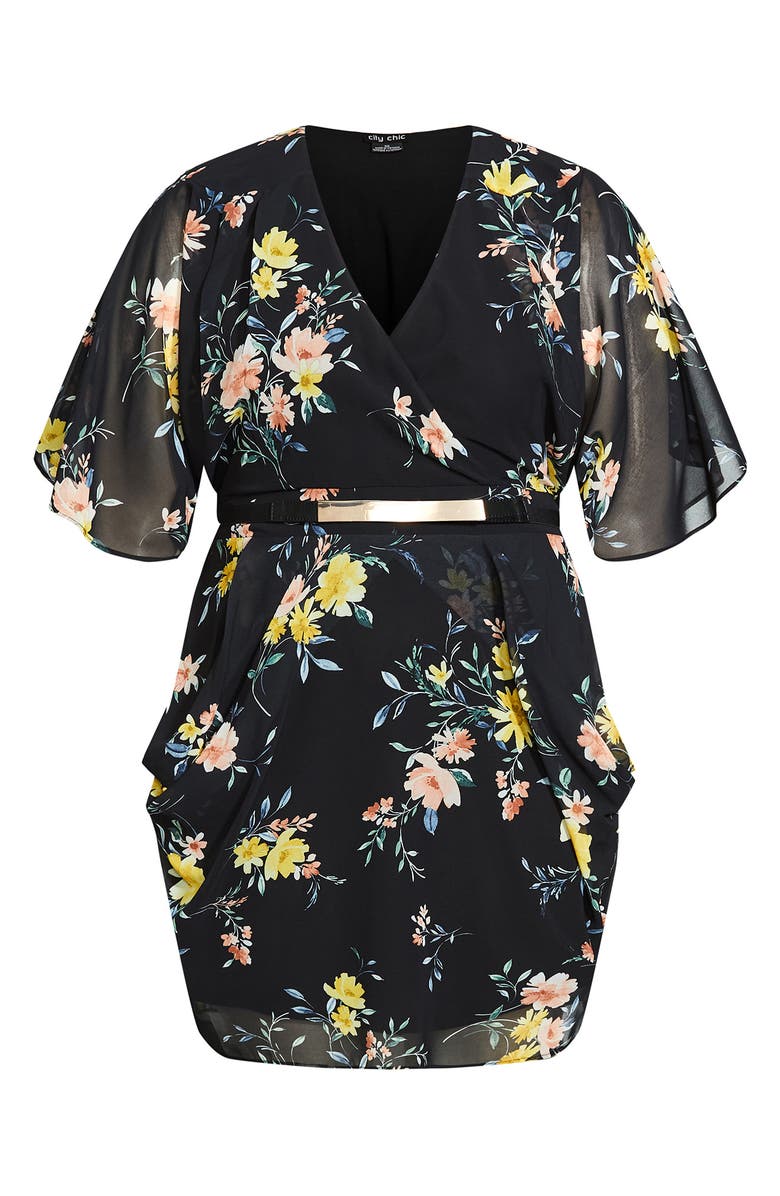 City Chic Fresh Fields Floral Faux Wrap Dress, Alternate, color, 