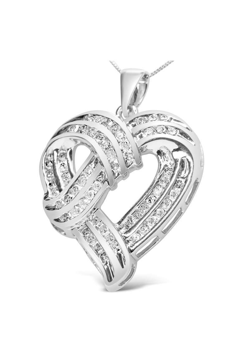 Silver 1 1/4 Cttw Round Diamond Openwork Ribbon Weave Heart Pendant 18" Necklace, Alternate, color, White