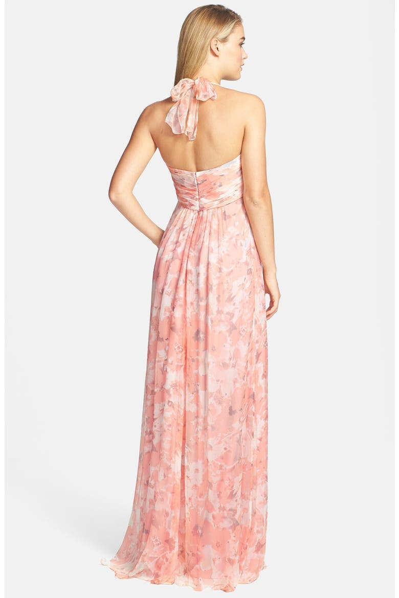 Print Crinkled Silk Chiffon Halter Gown, Alternate, color, SHELL