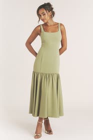 Six Stories Square Neck Drop Hem Midi Dress