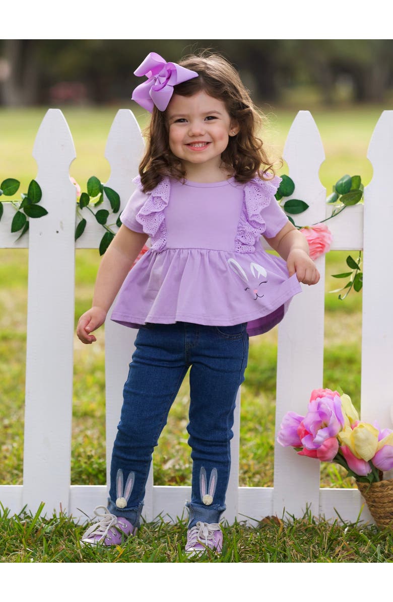 Mia Belle Girls Girls Lilac Love Bunny Top and Embroidered Denim Set, Alternate, color, Purple