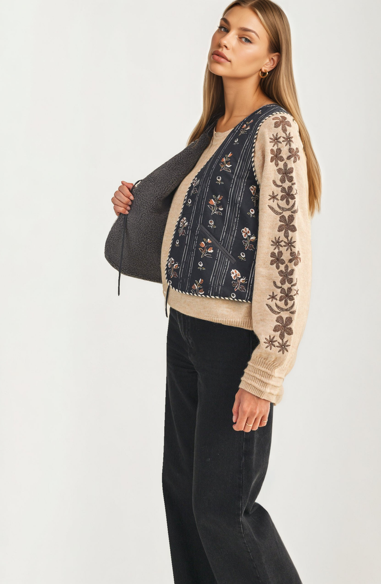 Knit and Lounge Embroidered Tie Front Vest with Floral Detailing, Alternate, color, Dark Blue / Floral