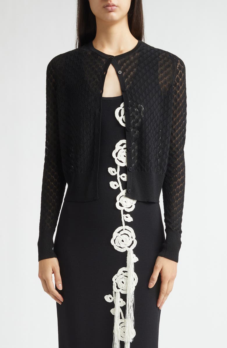 Lela Rose Crop Pointelle Cardigan, Main, color, Black