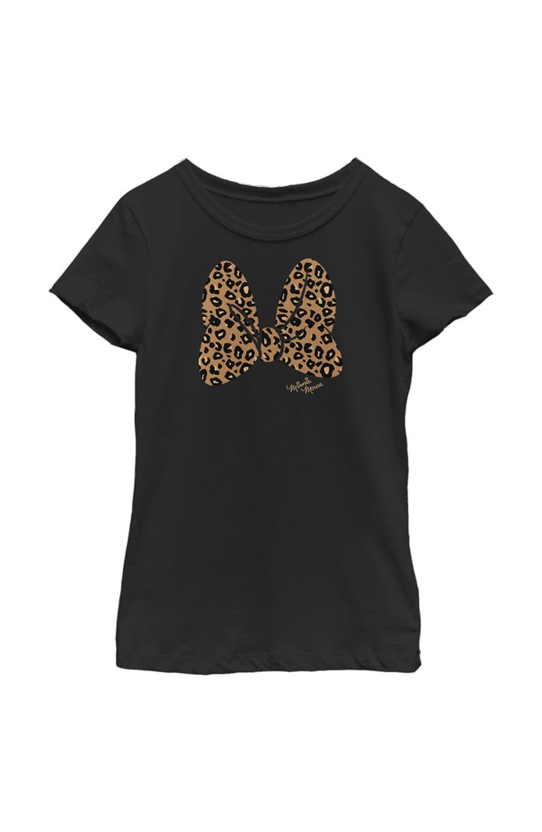 Mickey & Friends Girl's Mickey & Friends Minnie Mouse Cheetah Print Bow Signature Graphic T-Shirt, Main, color, Black