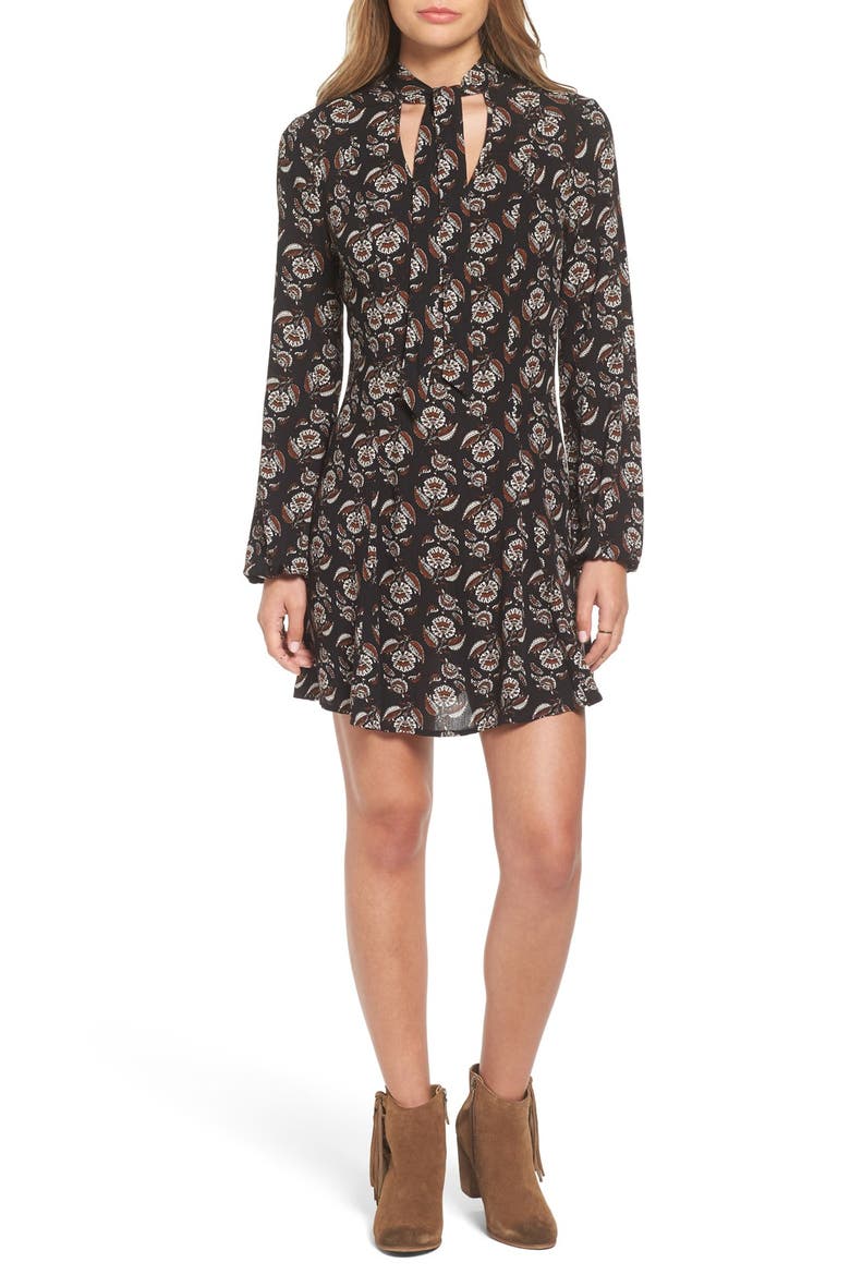 Tie Neck Floral Print Dress, Main, color, BLACK/ RUST/ IVORY