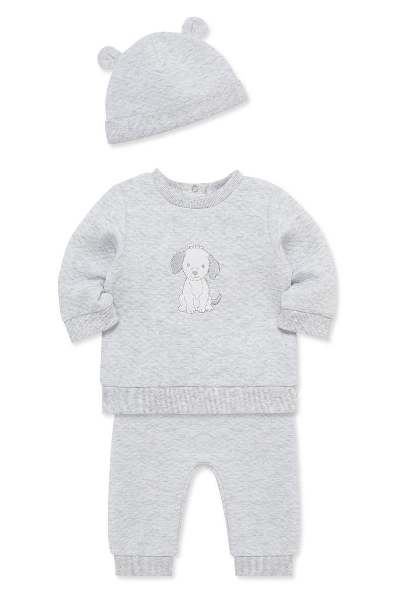 Kids' Puppy 3-Piece Quilted Sweatshirt, Pants & Hat Set, Alternate, color, WHITE/GREY
