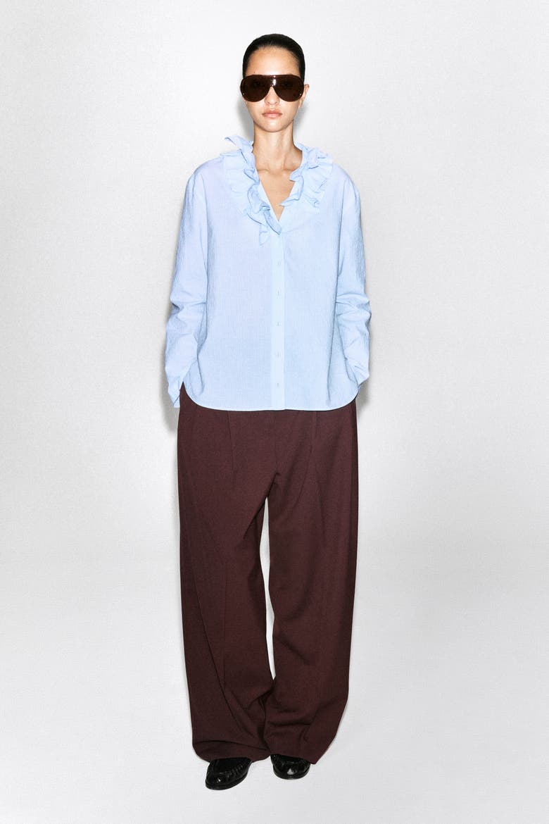 Ruffle-collar Seersucker Blouse, Alternate, color, BLUE / STRIPED