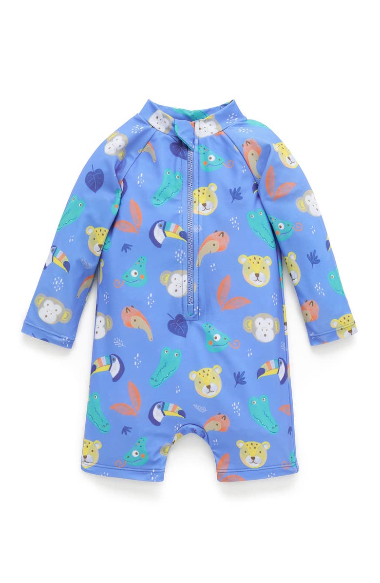 Purebaby Printed Longsleeve Swim Sunsuit, Main, color, Jungle Faces Print