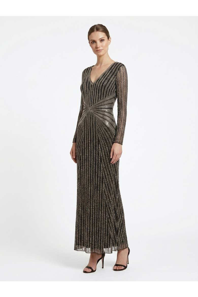 Long Sleeve Beaded Gown, Alternate, color, Black Silver