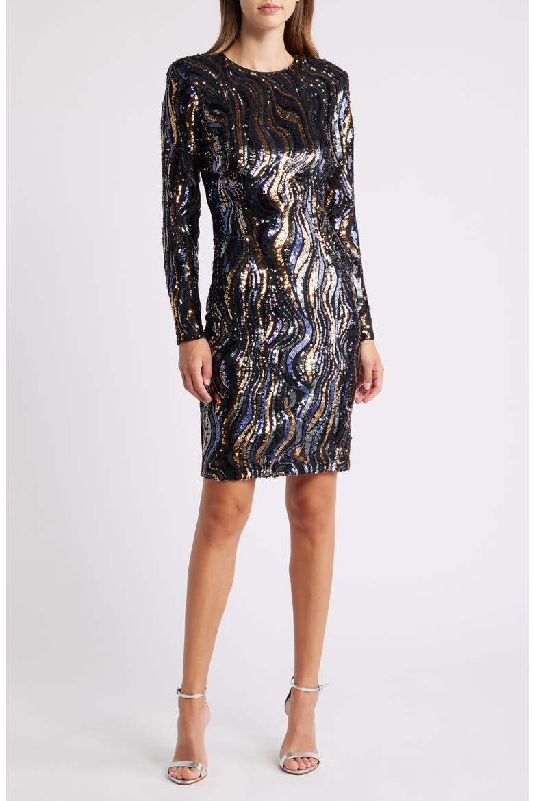 Sequin Swirl Long Sleeve Cocktail Dress, Main, color, NAVY GOLD