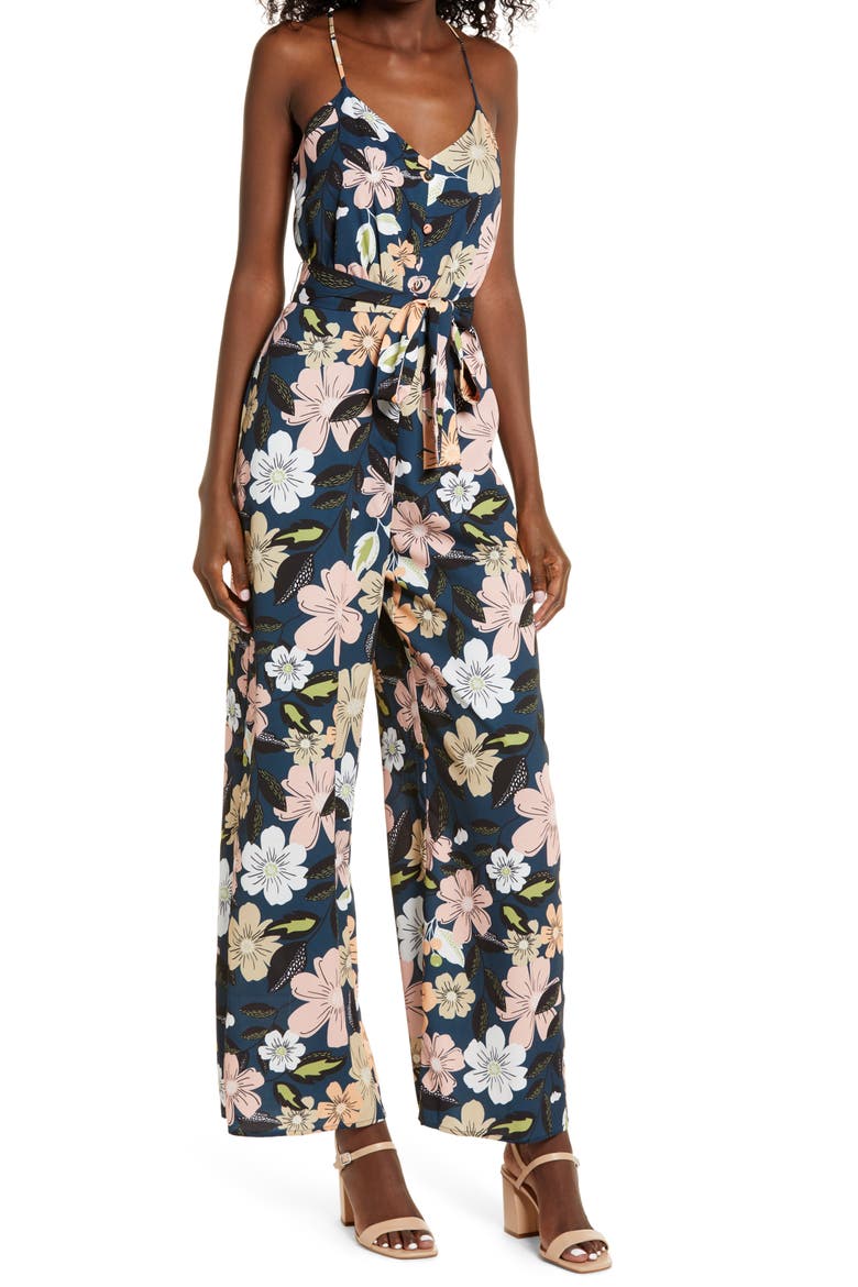 Floral Wide Leg Jumpsuit, Main, color, TEAL FALL BOUQUET