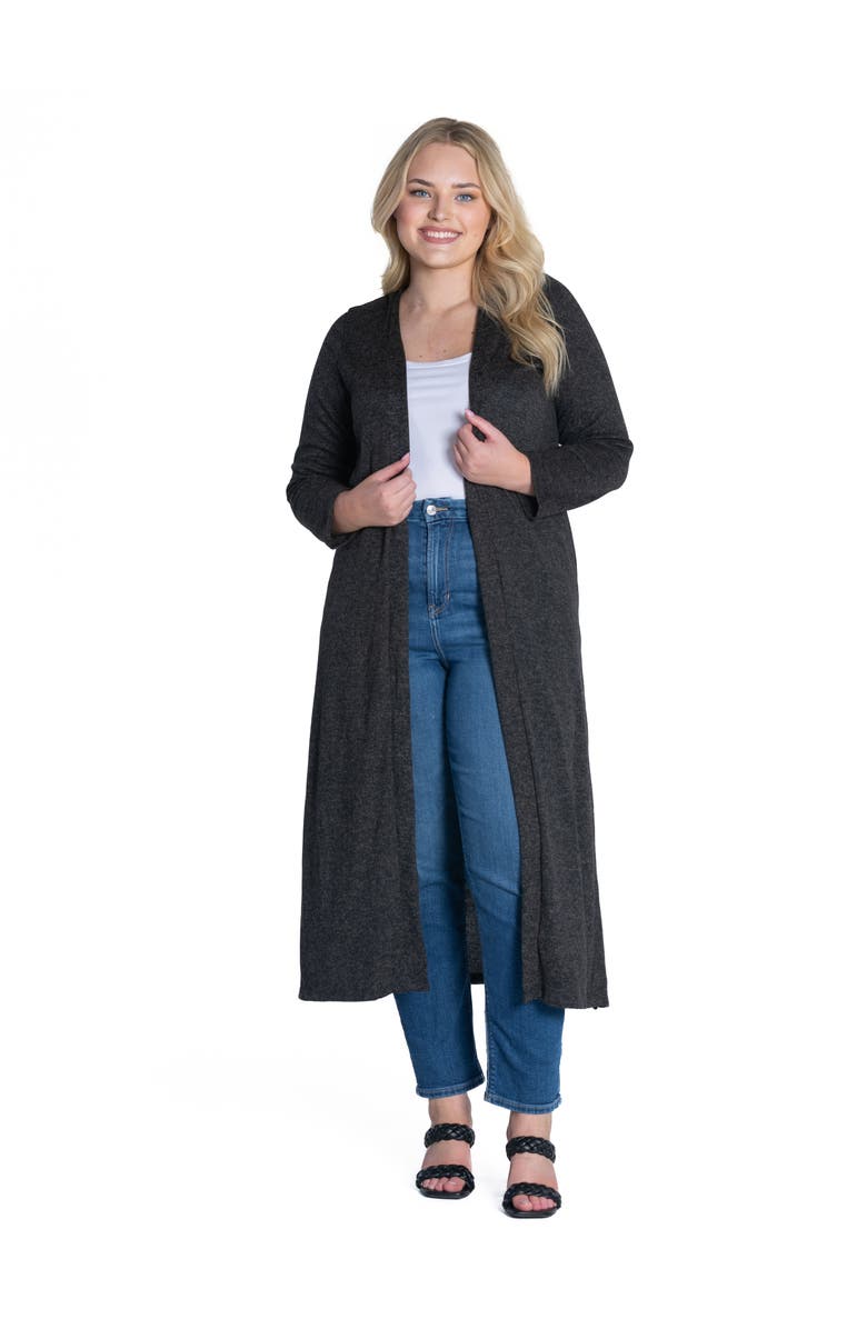 24seven Comfort Apparel Plus Size Long Duster Open Front Knit Cardigan, Main, color, Black