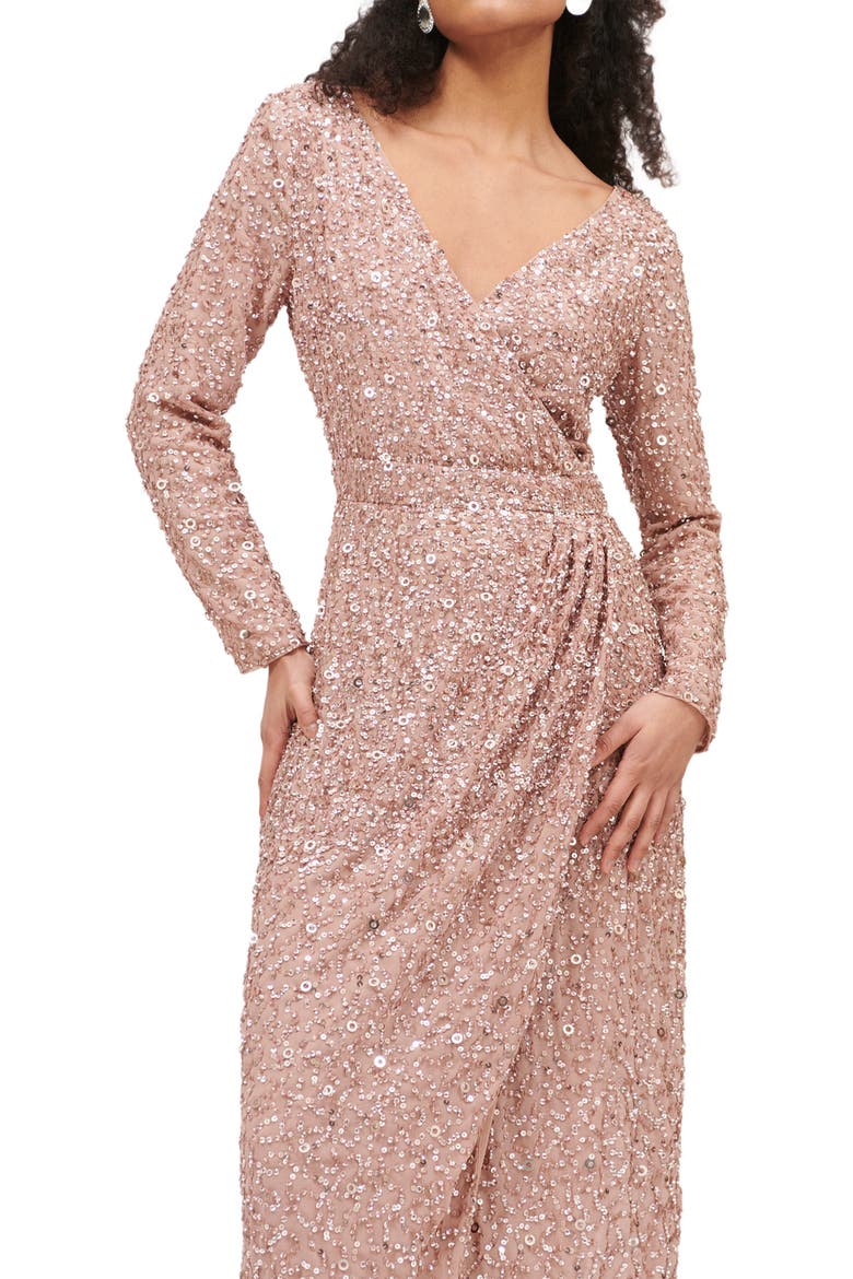 Occasion Embellished Sequin Beaded Maxi Wrap With Sleeves Evening Dress, Alternate, color, TAUPE BLUSH