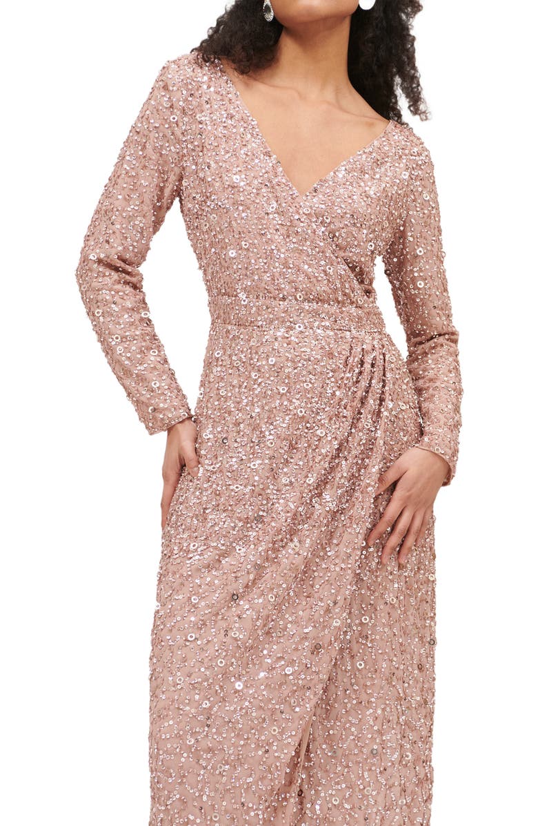 BEAUUT Occasion Embellished Sequin Beaded Maxi Wrap With Sleeves Evening Dress, Alternate, color, Taupe Blush