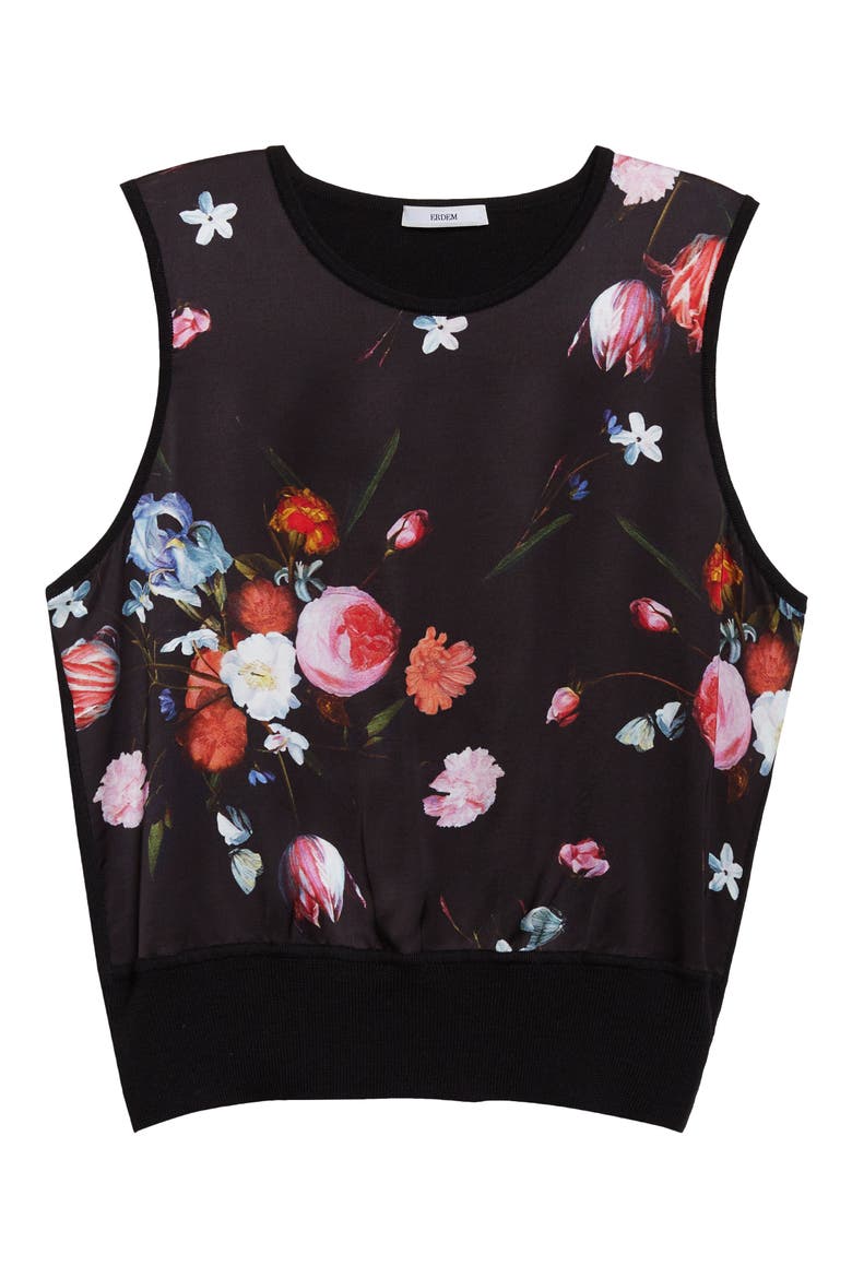 Floral Sleeveless Satin & Merino Wool Sweater, Alternate, color, DUTCH FLOWER PAINTING BLACK