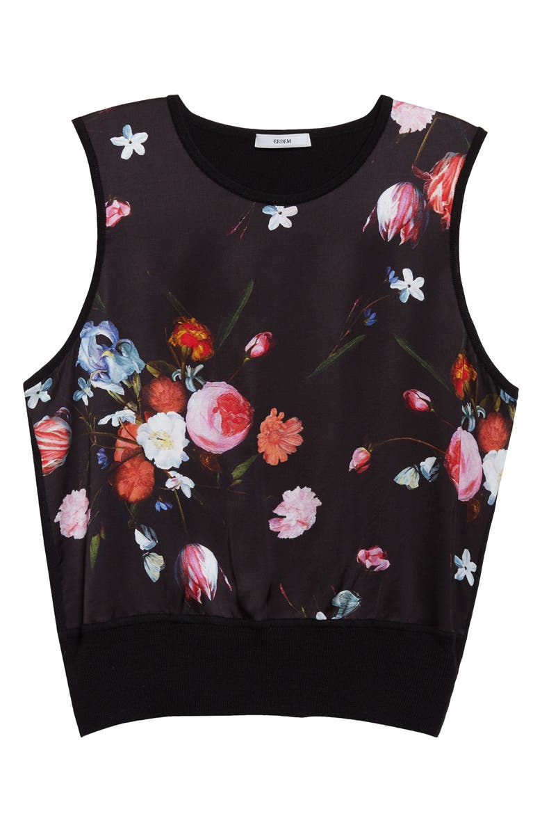 Erdem Floral Sleeveless Satin & Merino Wool Sweater, Main, color, Dutch Flower Painting Black