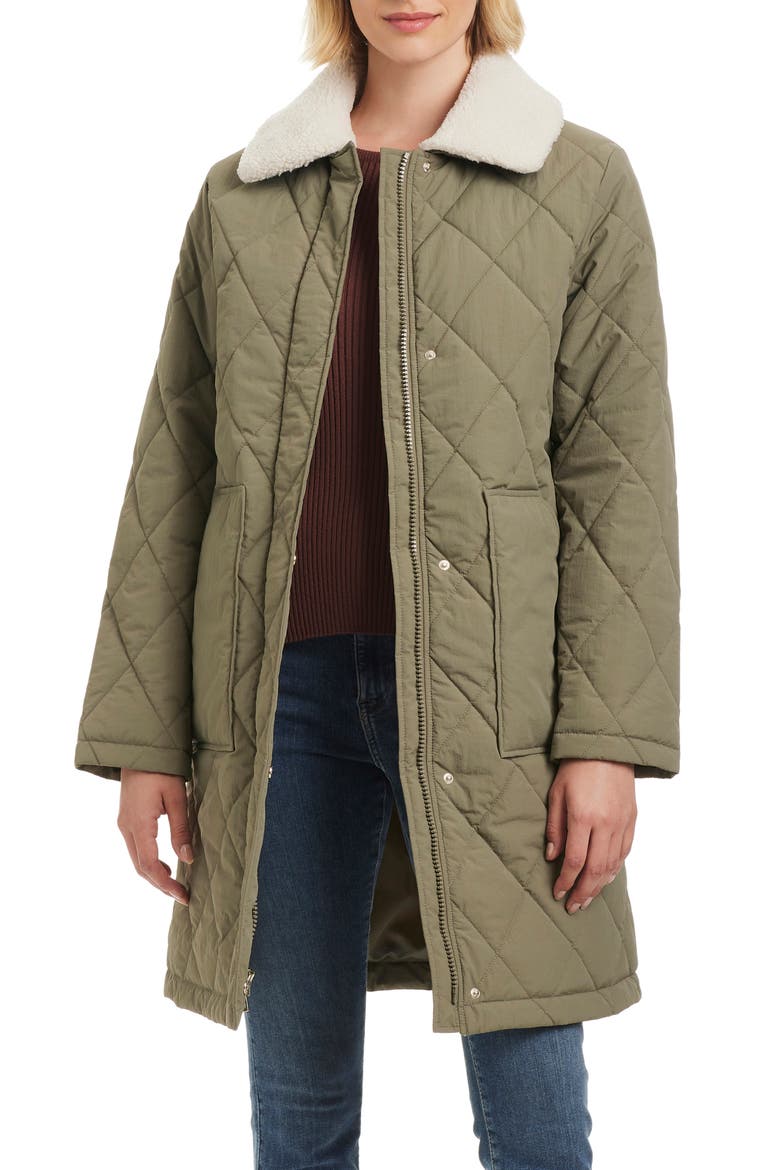 Water Resistant Quilted Coat with Removable Faux Shearling Collar, Alternate, color, SAGE