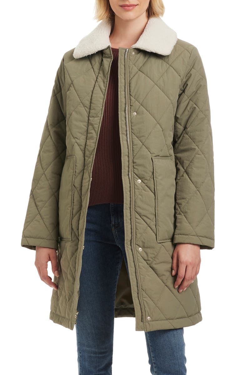 Sanctuary Water Resistant Quilted Coat with Removable Faux Shearling Collar, Alternate, color, Sage