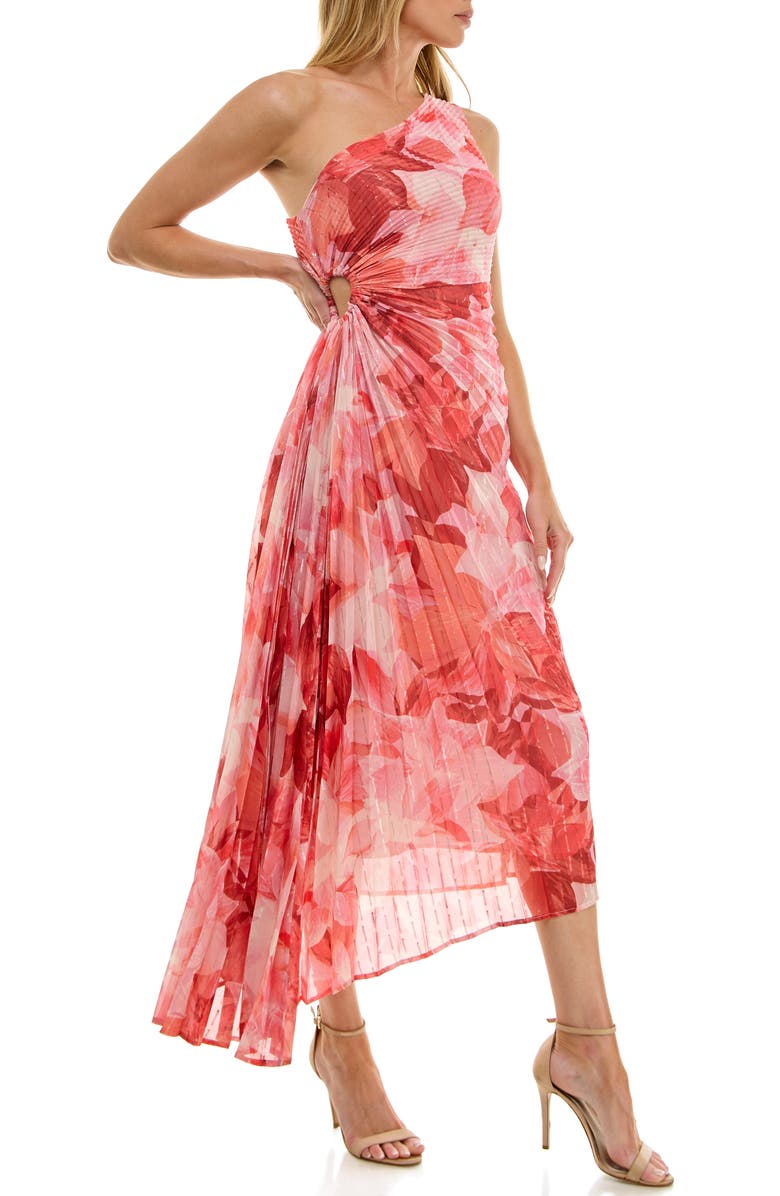 Socialite Floral Metallic Stripe One-Shoulder Pleated Dress, Alternate, color, Coral/ Pink