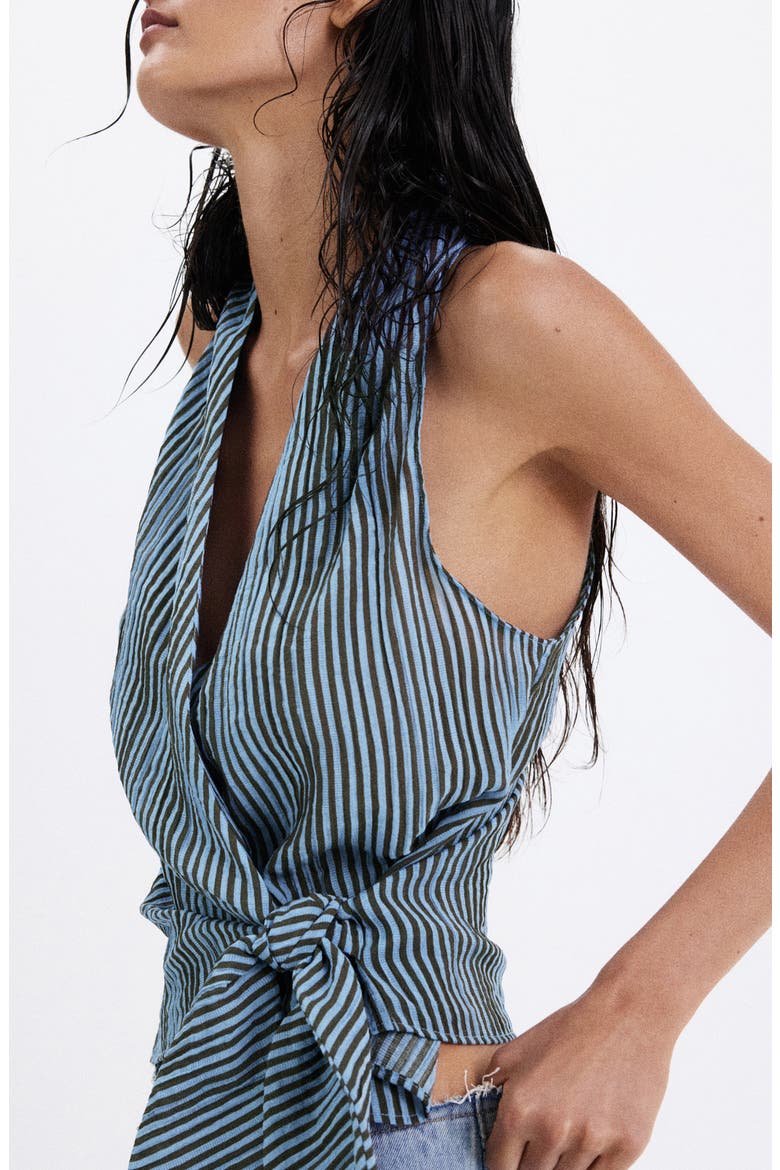 Striped Halter Top with Fixed Knot, Alternate, color, BLUE