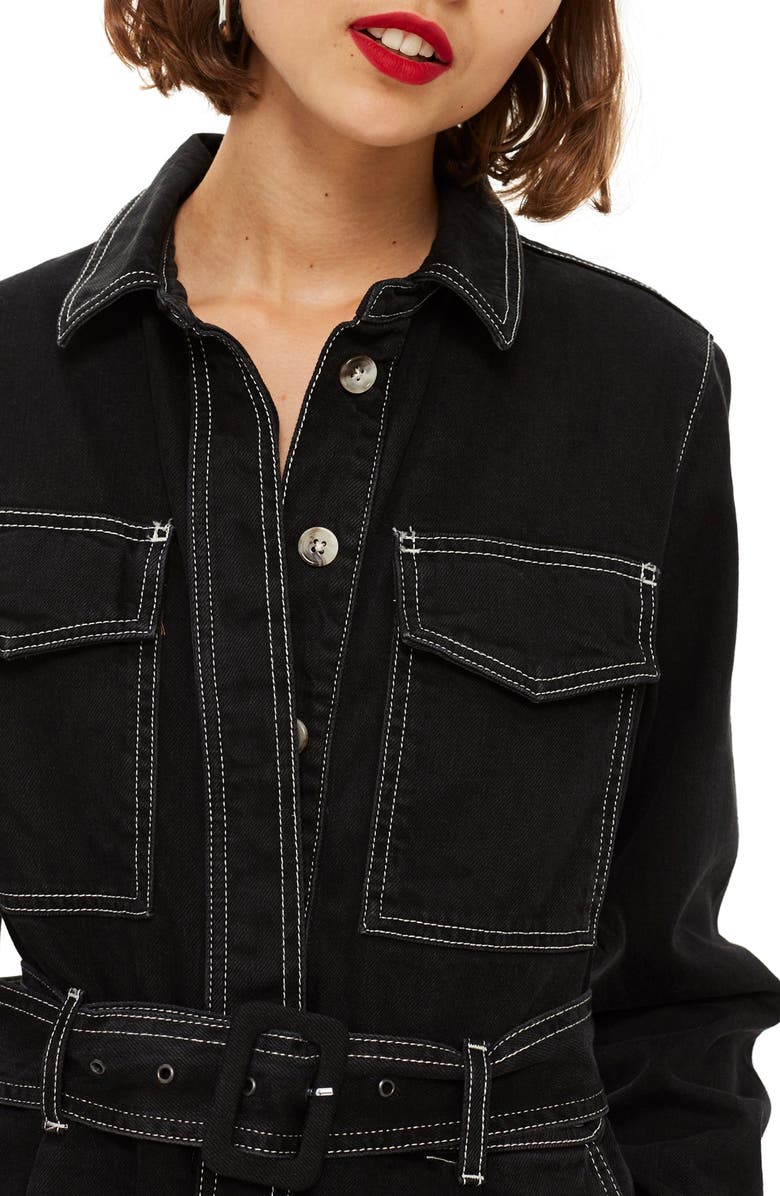 Topshop Contrast Denim Boilersuit, Alternate, color,