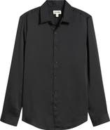 Open Edit Black Satin Button-Up Shirt
