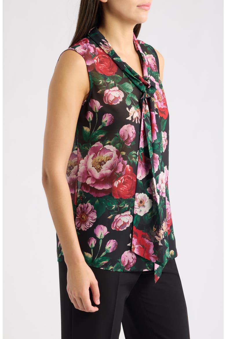 Floral Tie Neck Chiffon Top, Alternate, color, BLACK MULT