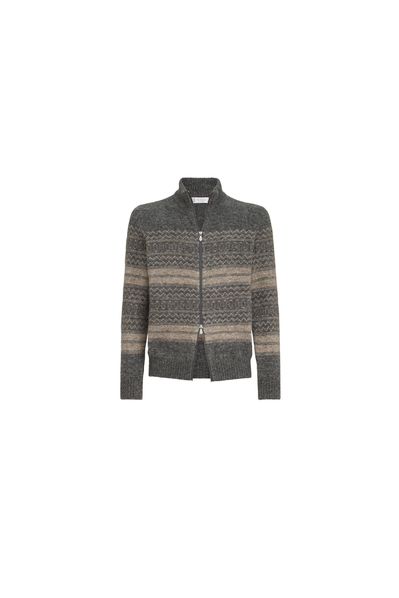 Alpaca, cashmere and wool nordic jacquard high-neck cardigan with zip, Alternate, color, Black