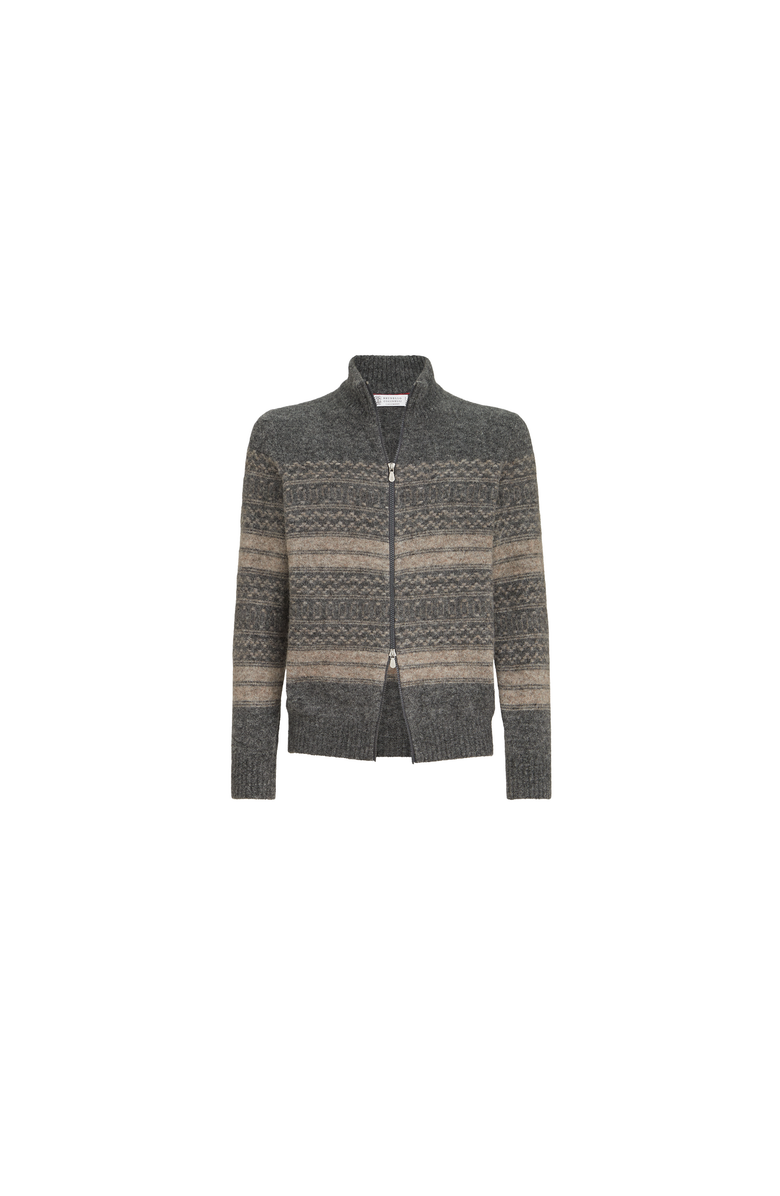 Brunello Cucinelli Alpaca, cashmere and wool nordic jacquard high-neck cardigan with zip, Alternate, color, Black