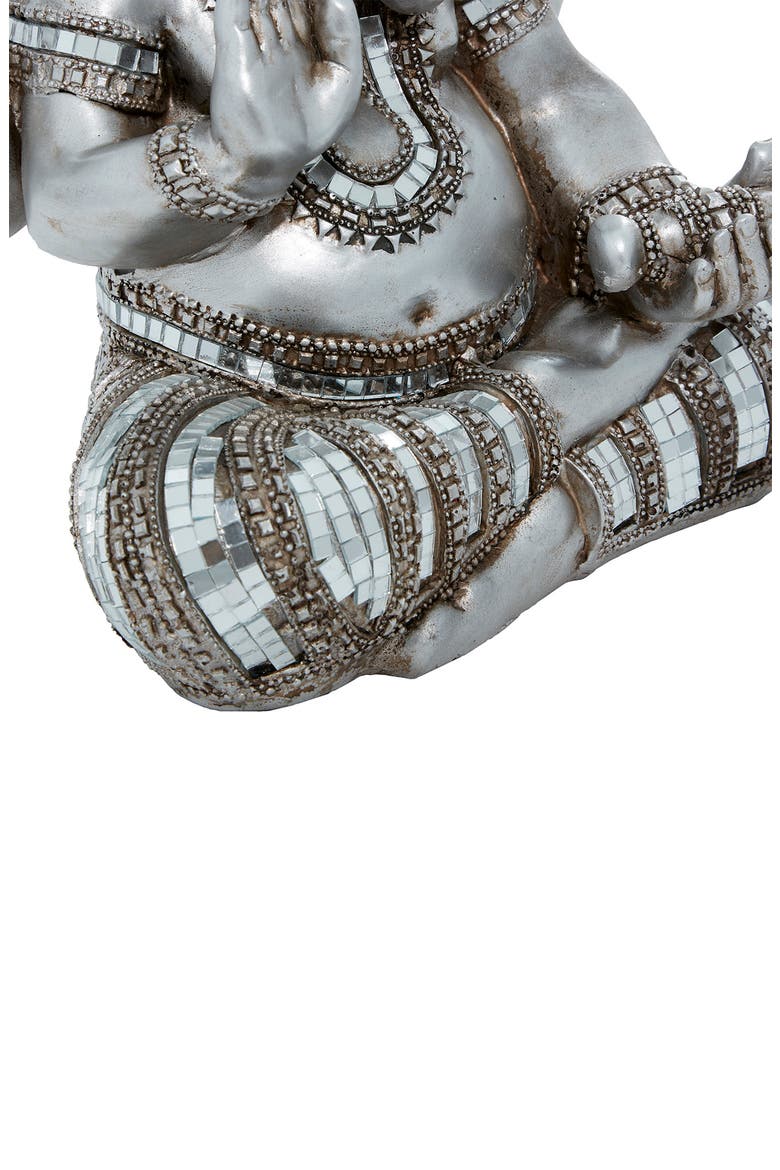 Silvertone Polystone Meditating Ganesh Sculpture with Engraved Carvings and Relief Detailing, Alternate, color, SILVER