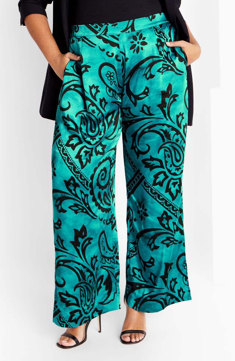 City Chic Belen Print Pull-On Pants, Main, color, Green Print