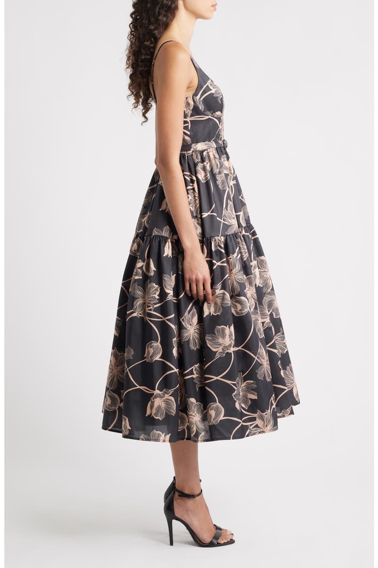 Belted Bustier Tiered Dress, Alternate, color, BLACK/ APRICOT VINING BUDS