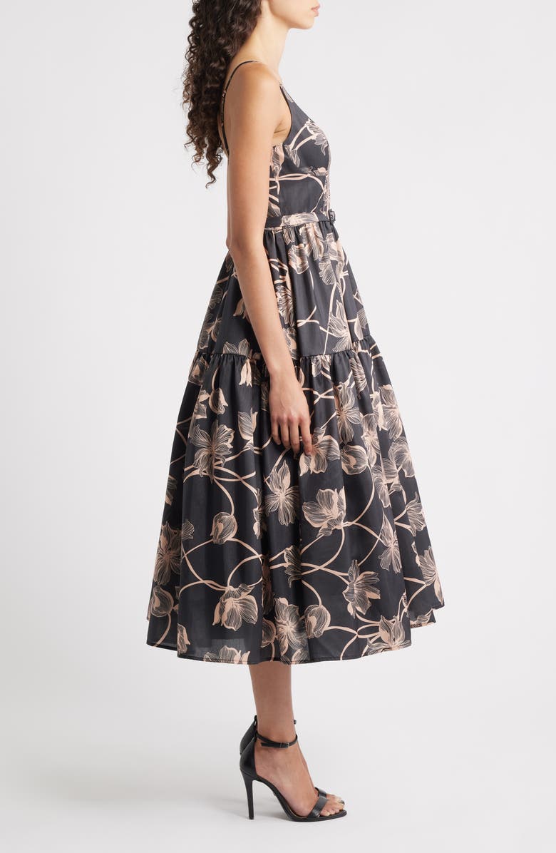 Hutch Belted Bustier Tiered Dress, Alternate, color, Black/ Apricot Vining Buds