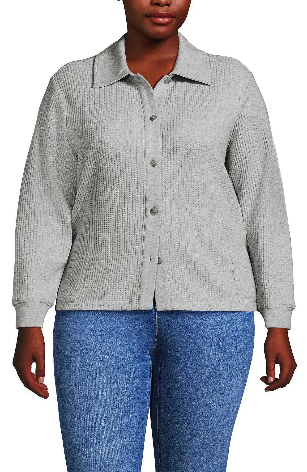 Plus Size Long Sleeve Waffle Collared Shacket