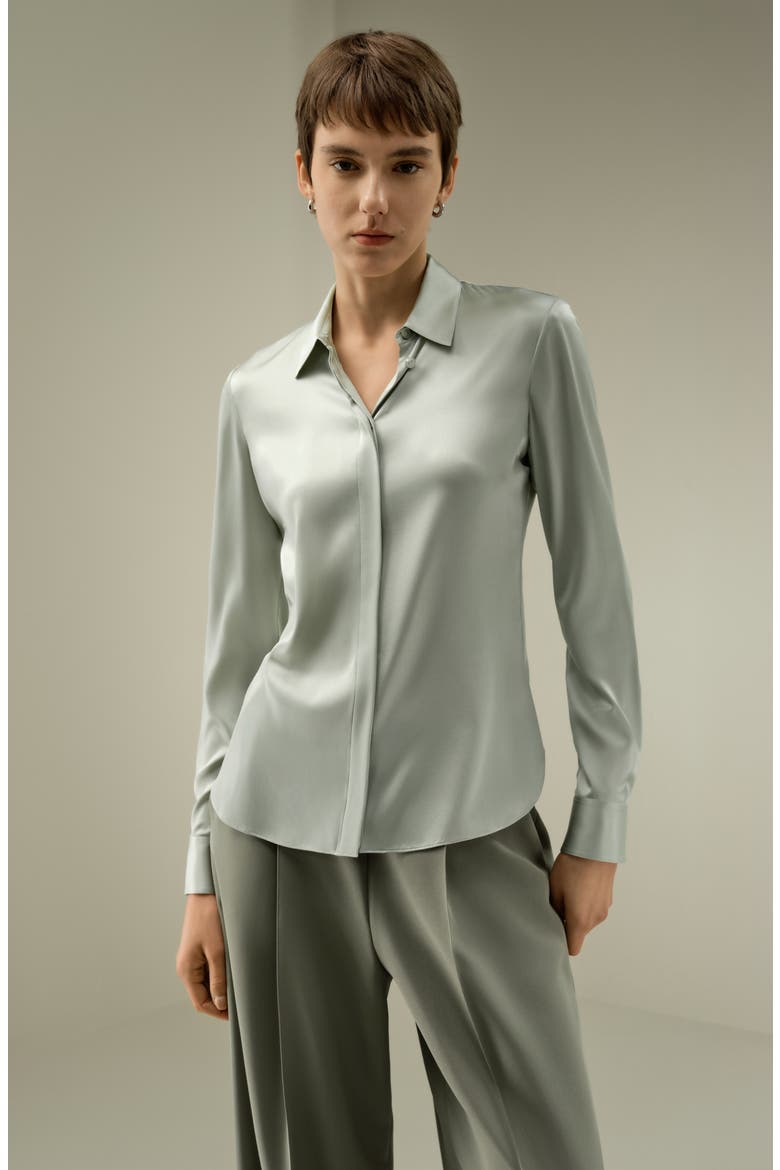 Women's Elegant Silk Slim Fit Shirt, Alternate, color, Silver Sage