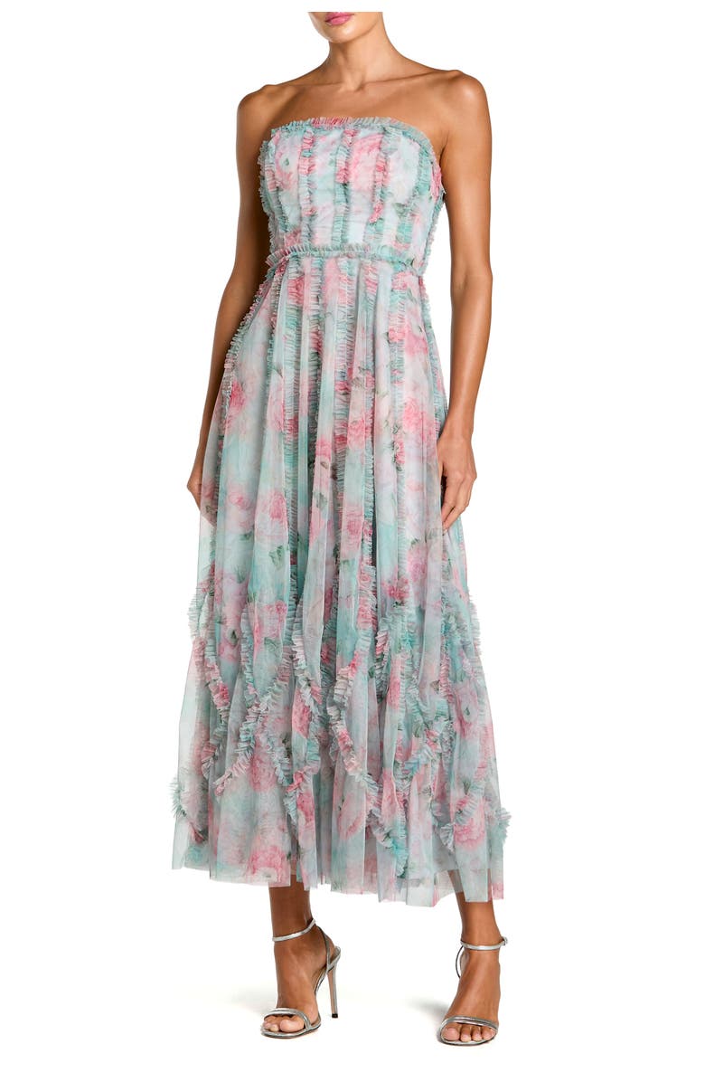 Mac Duggal Ankle Length Strapless Floral Ruffle Dress, Main, color, Aqua Multi