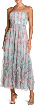 Mac Duggal Ankle Length Strapless Floral Ruffle Dress