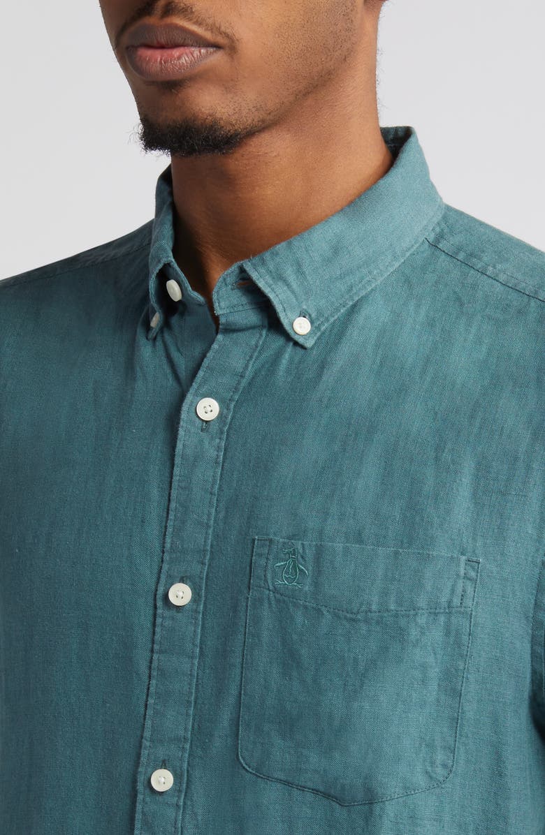 Original Penguin Delave Short Sleeve Linen Button-Up Shirt, Alternate, color, 
