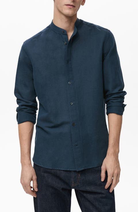 Band Collar Linen Blend Button-Up Shirt