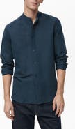 MANGO Band Collar Linen Blend Button-Up Shirt