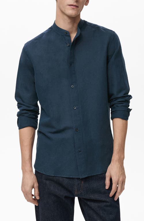 Mango Band Collar Linen Blend Button-up Shirt In Dark Navy