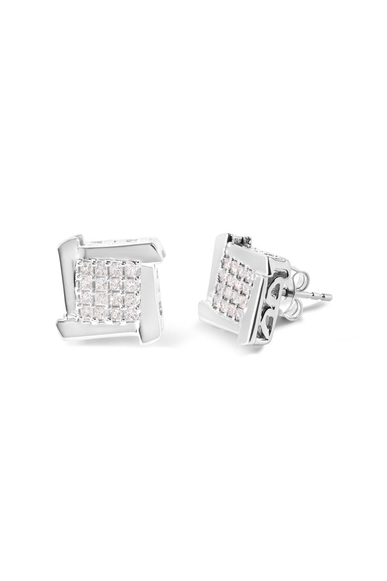 10K White Gold 1/2 Cttw Composite Princess Diamond Square and Swirl Stud Earrings, Alternate, color, White