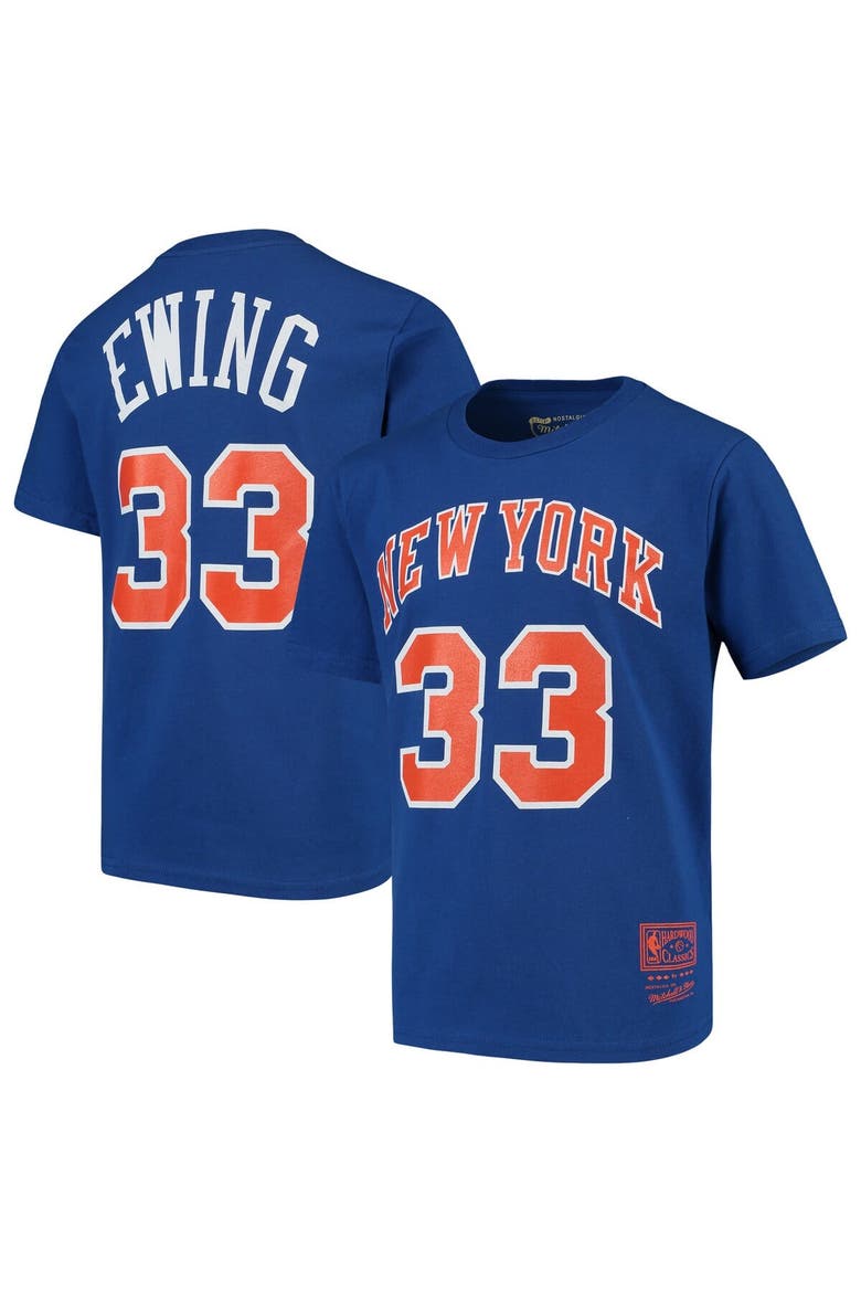 Youth Mitchell & Ness Patrick Ewing Blue New York Knicks Hardwood Classics Name & Number T-Shirt, Main, color, Blue