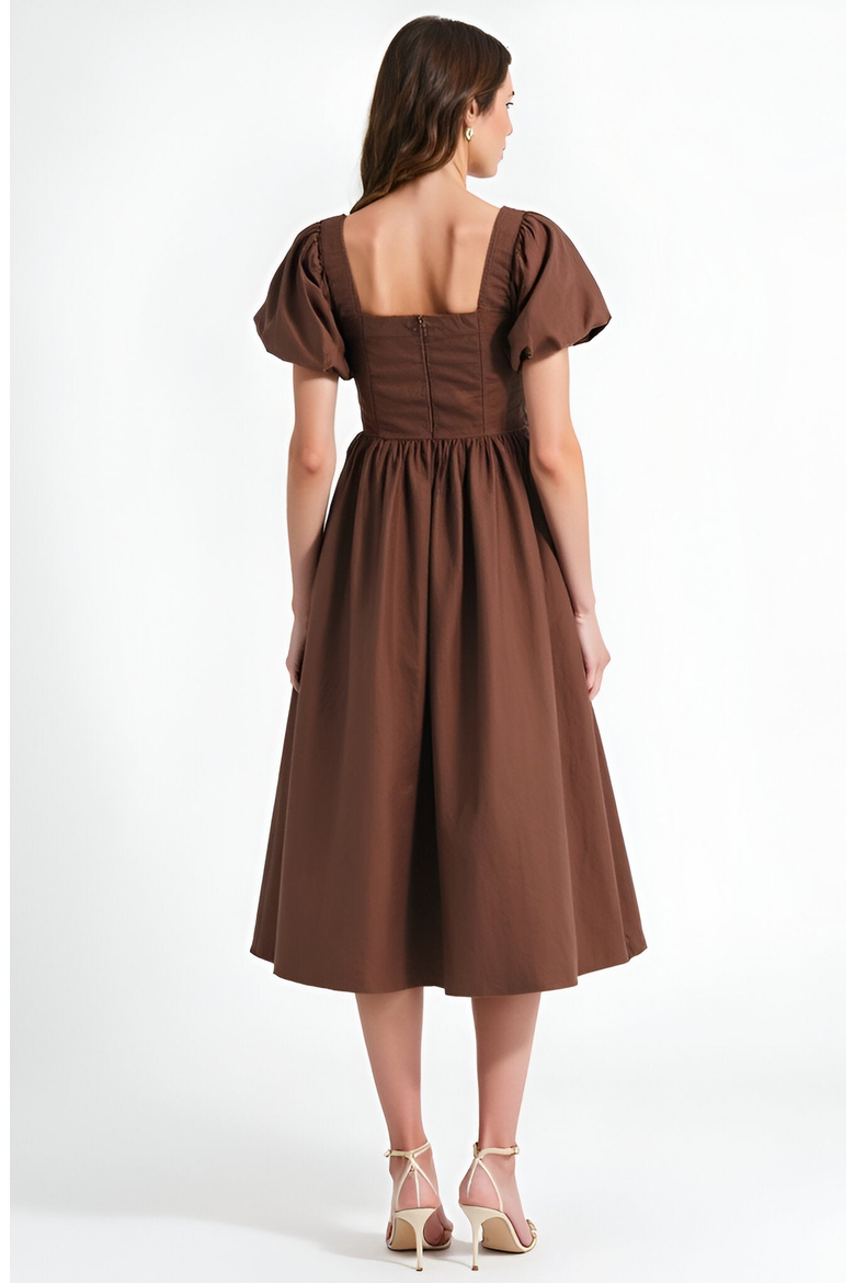 Square Neck Puff Sleeve Midi Dress with Side Tie Ribbon and Button Front, Alternate, color, Brown