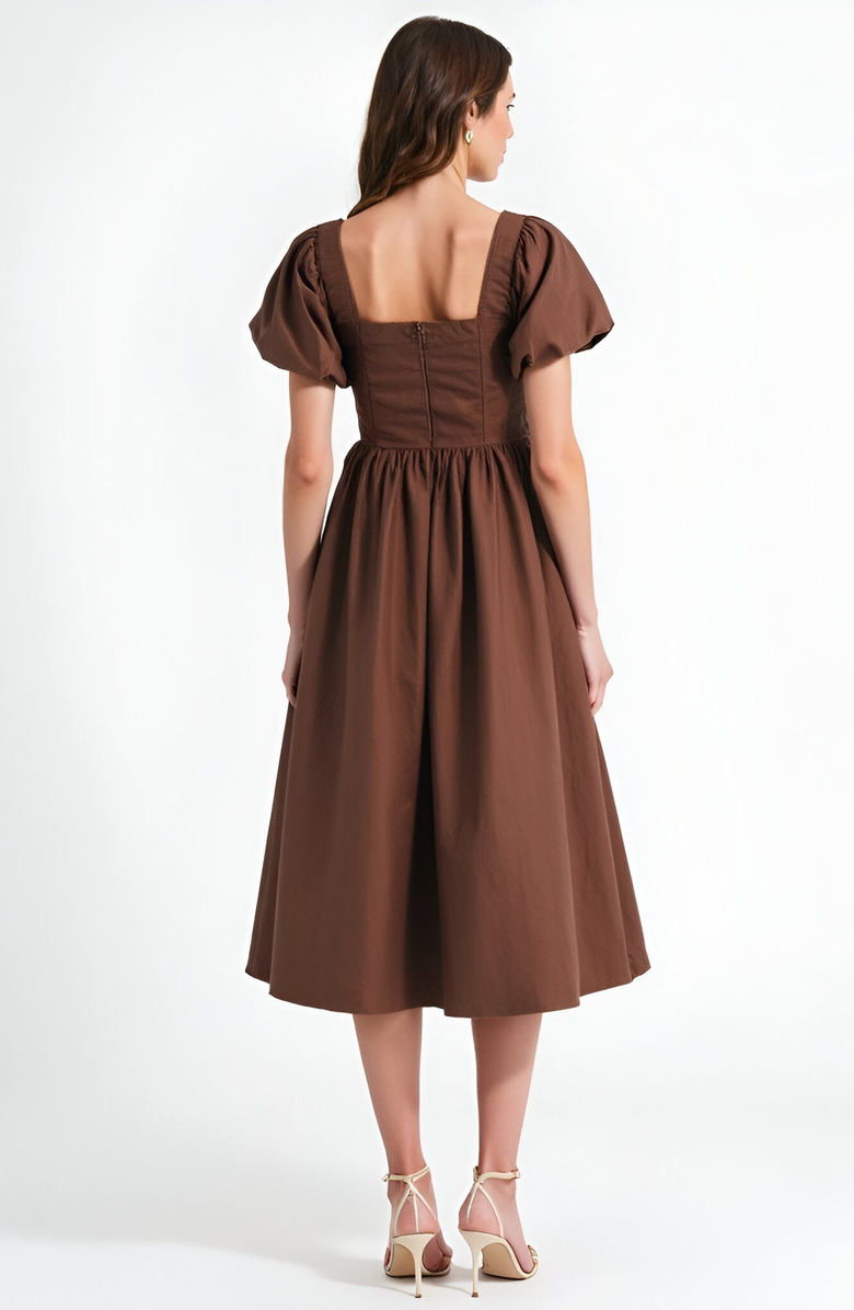 Modenaire Square Neck Puff Sleeve Midi Dress with Side Tie Ribbon and Button Front, Alternate, color, Brown