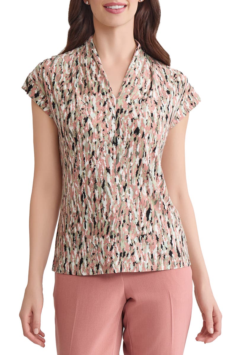 KASPER Allover Print Cap Sleeve Shirt, Main, color, Tearose Multi