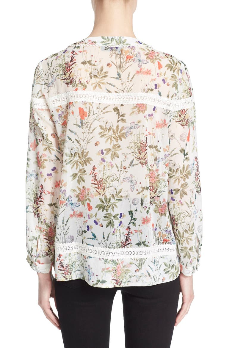 Lace Trim Botanic Print Chiffon Top, Alternate, color, WHITE