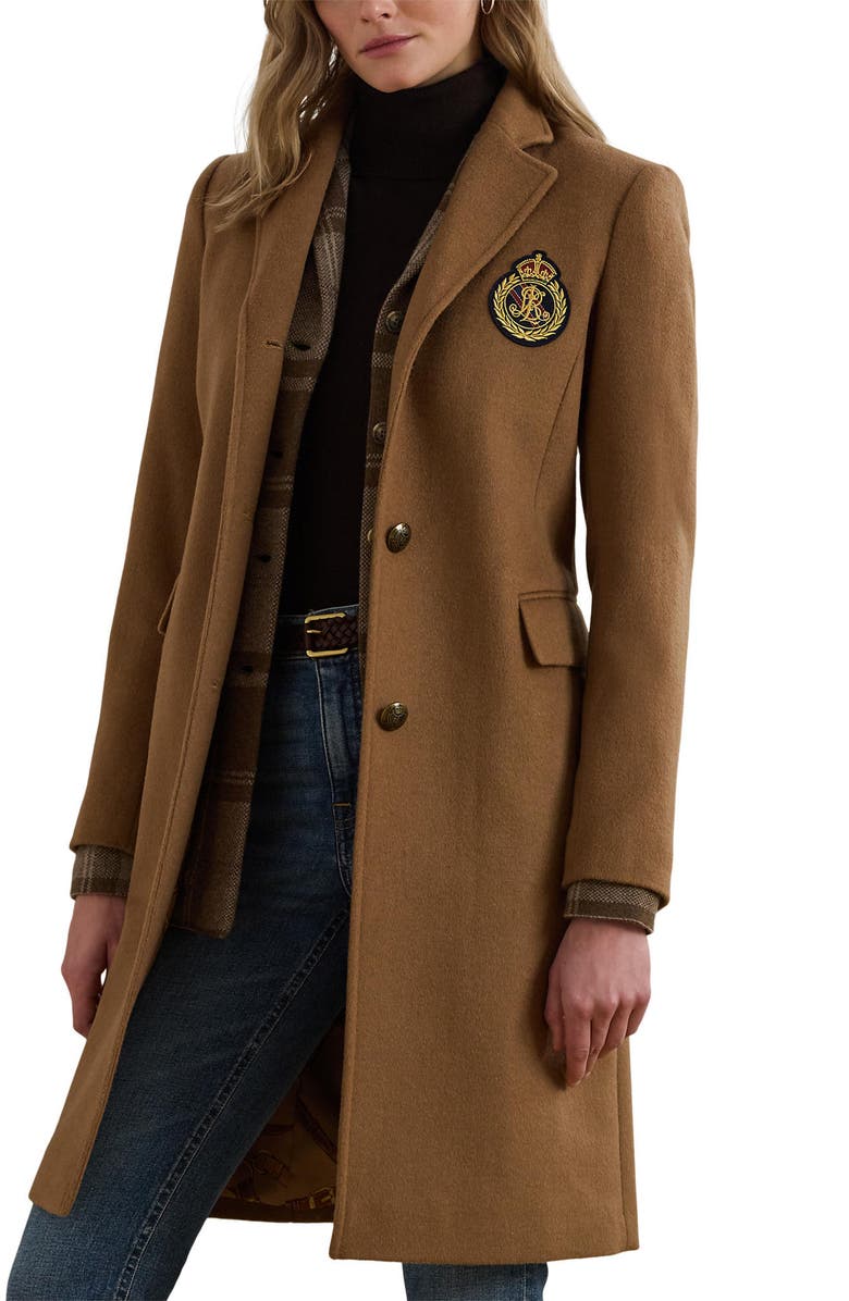 Lauren Ralph Lauren Crest Patch Wool Blend Reefer Coat, Main, color, New Vicuna