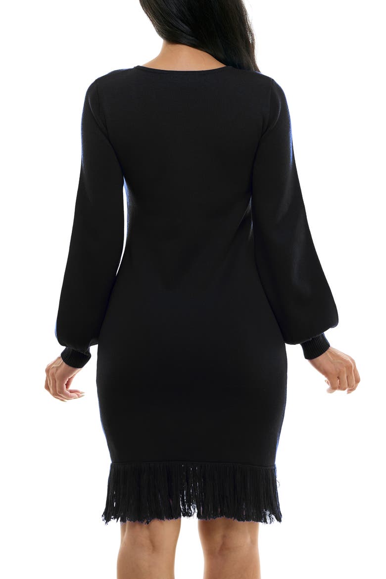 Balloon Sleeve Fringe Hem Sweater Dress, Alternate, color, BLACK